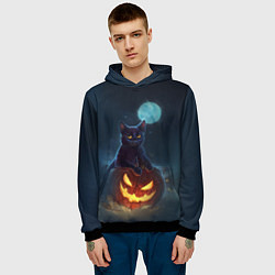 Толстовка-худи мужская Кот с тыквой - хэллоуин, цвет: 3D-черный — фото 2