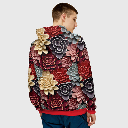 Мужская толстовка Объёмные цветы суккулента / 3D-Красный – фото 4