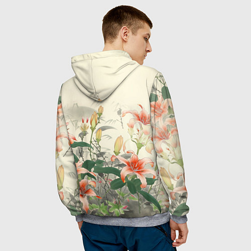 Мужская толстовка Тигровые лилии - японский стиль / 3D-Меланж – фото 4