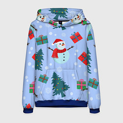 Толстовка-худи мужская Снеговики с новогодними подарками паттерн, цвет: 3D-синий