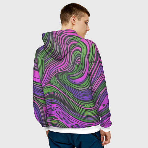 Мужская толстовка Волнистый узор фиолетовый и зелёный / 3D-Белый – фото 4