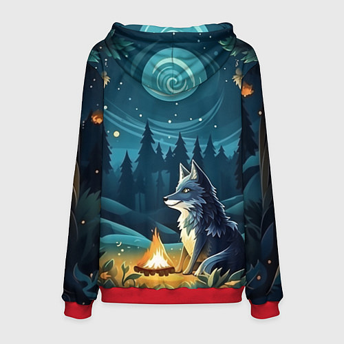 Мужская толстовка Волк у костра в стиле фолк-арт / 3D-Красный – фото 2