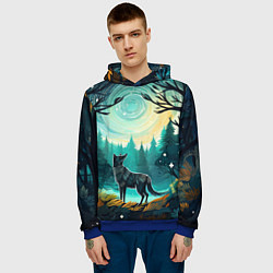 Толстовка-худи мужская Волк в ночном лесу фолк-арт, цвет: 3D-синий — фото 2
