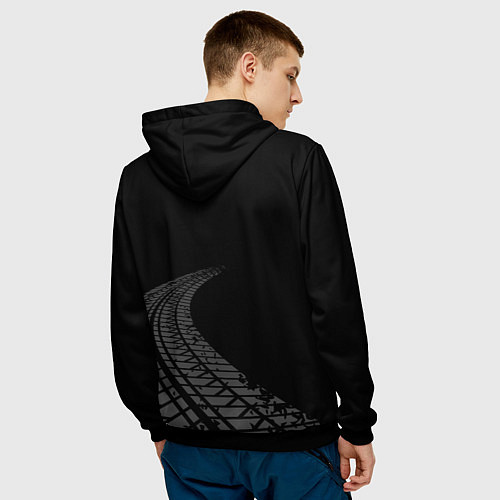 Мужская толстовка Saab speed на темном фоне со следами шин: надпись, / 3D-Черный – фото 4