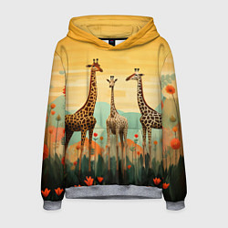 Толстовка-худи мужская Три жирафа в стиле фолк-арт, цвет: 3D-меланж