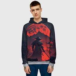 Толстовка-худи мужская Samurai and red moon - нейросеть, цвет: 3D-меланж — фото 2