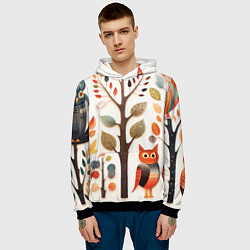 Толстовка-худи мужская Совы в осеннем лесу в стиле фолк-арт, цвет: 3D-черный — фото 2