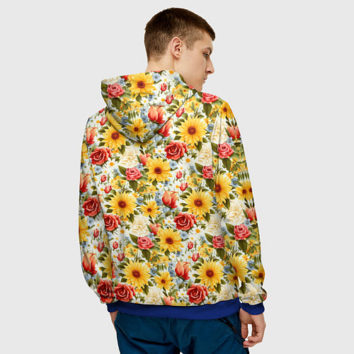 Мужская толстовка Паттерн из желтых и красных цветов / 3D-Синий – фото 4