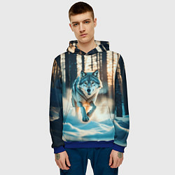 Толстовка-худи мужская Волк в темном лесу, цвет: 3D-синий — фото 2