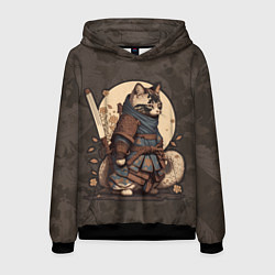 Толстовка-худи мужская Кошачий самурай в японском стиле, цвет: 3D-черный