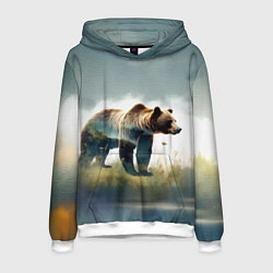 Толстовка-худи мужская Минималистичный пейзаж с медведем акварель, цвет: 3D-белый