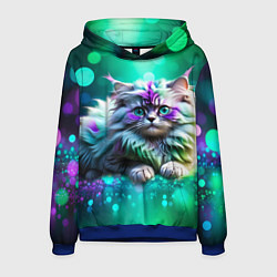 Толстовка-худи мужская Пушистый котенок в бирюзово фиолетовом боке, цвет: 3D-синий