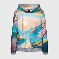 Толстовка-худи мужская Японский город вдали и цветущая Сакура у реки, цвет: 3D-меланж