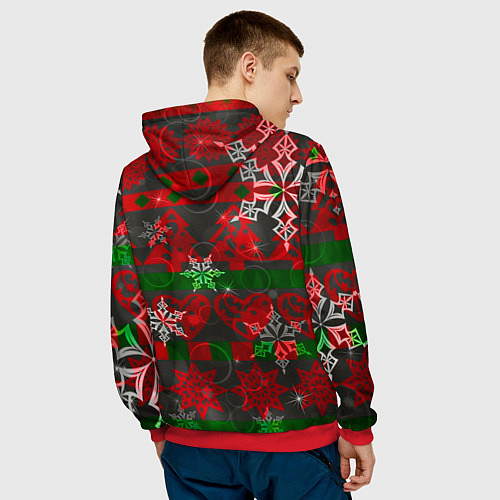 Мужская толстовка Рождественские узоры ёлки и снежинки / 3D-Красный – фото 4