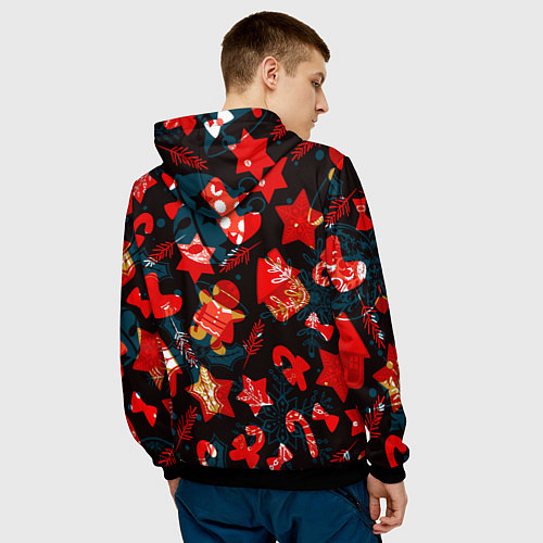 Мужская толстовка Рождественские узоры красные / 3D-Черный – фото 4