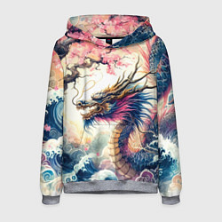 Толстовка-худи мужская Japanese dragon and sakura - engraving, цвет: 3D-меланж
