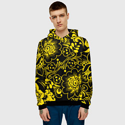 Толстовка-худи мужская Хохломская роспись золотые цветы на чёроном фоне, цвет: 3D-черный — фото 2