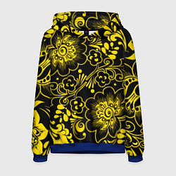 Толстовка-худи мужская Хохломская роспись золотые цветы на чёроном фоне, цвет: 3D-синий