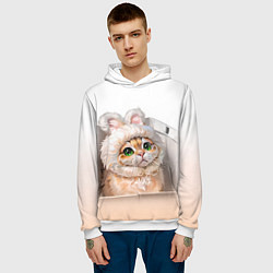 Толстовка-худи мужская Милый кот-мем в шапке с ушками - бежевый градиент, цвет: 3D-белый — фото 2
