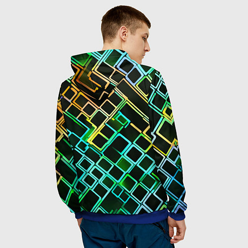 Мужская толстовка Жёлто-синие квадраты на чёрном фоне / 3D-Синий – фото 4