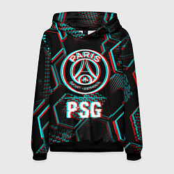 Толстовка-худи мужская PSG FC в стиле glitch на темном фоне, цвет: 3D-черный