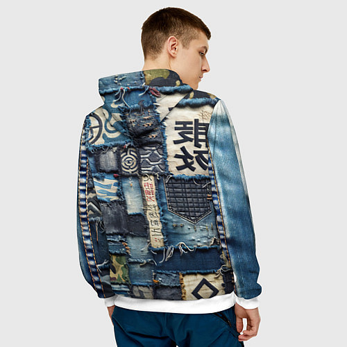 Мужская толстовка Иероглифы на пэчворк дениме / 3D-Белый – фото 4