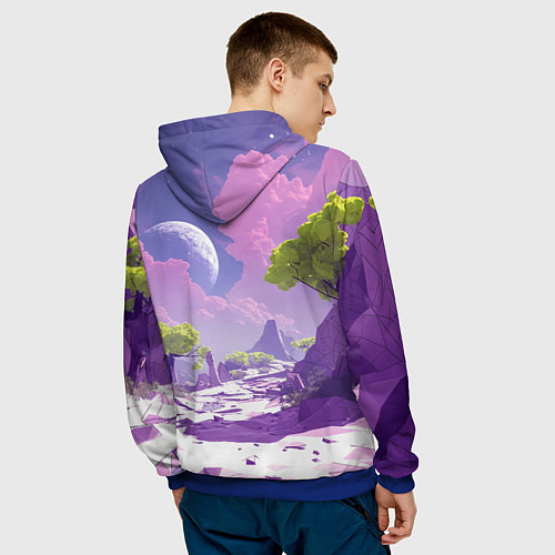 Мужская толстовка Фиолетовые горы зеленые деревья и космос / 3D-Синий – фото 4