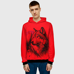 Толстовка-худи мужская Рисунок волка на красном, цвет: 3D-черный — фото 2