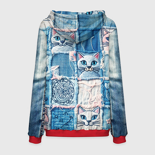 Мужская толстовка Кошки на пэчворк джинсах паттерн / 3D-Красный – фото 2