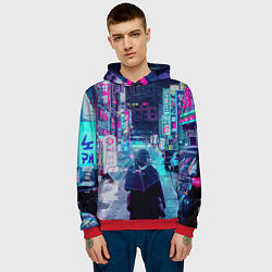 Толстовка-худи мужская Дождливый неоновый вечер в Японии, цвет: 3D-красный — фото 2