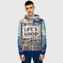 Толстовка-худи мужская Жизнь хороша-пэчворк, цвет: 3D-синий — фото 2