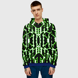 Толстовка-худи мужская Техно белые линии с зелёной обводкой на чёрном фон, цвет: 3D-синий — фото 2