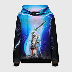 Толстовка-худи мужская Кот-рыцарь с мечом экскалибур под молниями, цвет: 3D-черный