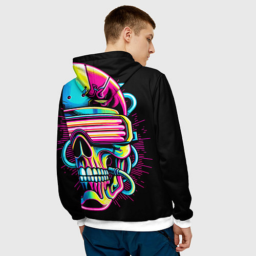 Мужская толстовка Cyber skull - ai art neon / 3D-Белый – фото 4