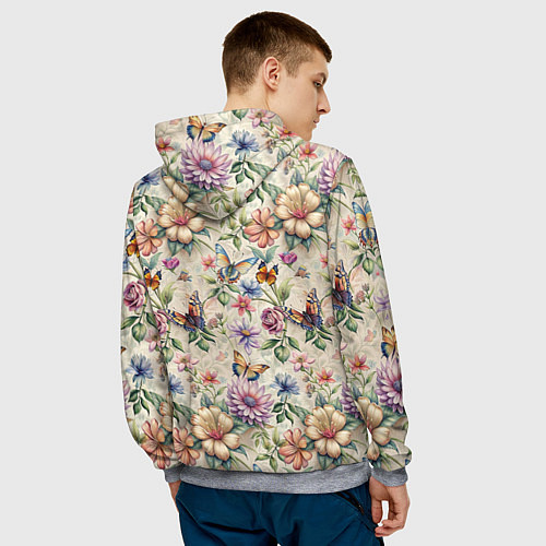 Мужская толстовка Летний узор с цветами и бабочками / 3D-Меланж – фото 4