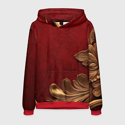 Толстовка-худи мужская Объемный золотой лист на красном текстурном фоне, цвет: 3D-красный