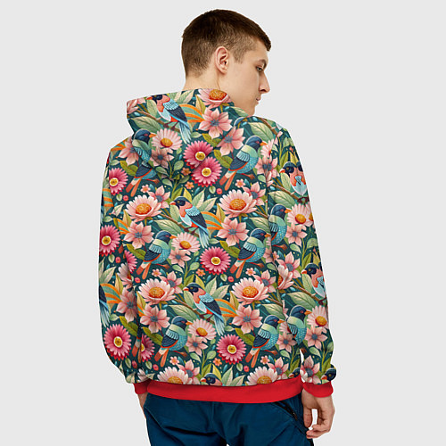 Мужская толстовка Тропические птицы в цветах / 3D-Красный – фото 4