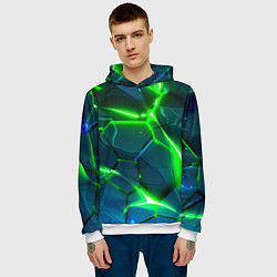 Толстовка-худи мужская Неоновые яркие зеленые разломленные плиты со свето, цвет: 3D-белый — фото 2