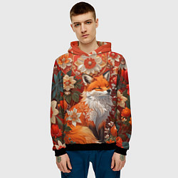 Толстовка-худи мужская Умилительный лисёнок в цветах, цвет: 3D-черный — фото 2