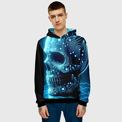 Толстовка-худи мужская Cyber neon skull - ai art с дорожками на плате, цвет: 3D-черный — фото 2