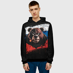 Толстовка-худи мужская Медведь на фоне российского флага, цвет: 3D-черный — фото 2