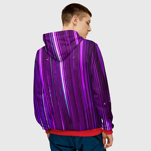 Мужская толстовка Вертикальные фиолетовые линии на чёрном фоне / 3D-Красный – фото 4
