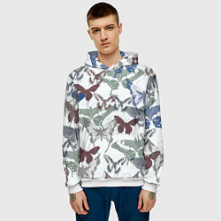 Толстовка-худи мужская Бабочки на белом фоне - паттерн, цвет: 3D-белый — фото 2