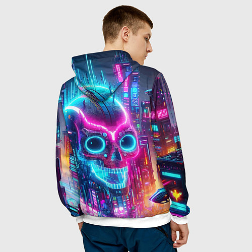 Мужская толстовка Neon skull in metropolis - future / 3D-Белый – фото 4