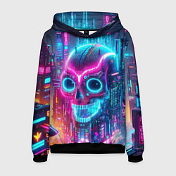 Толстовка-худи мужская Neon skull in metropolis - future, цвет: 3D-черный