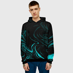 Толстовка-худи мужская Чёрный с бирюзовыми разводами абстракция, цвет: 3D-черный — фото 2