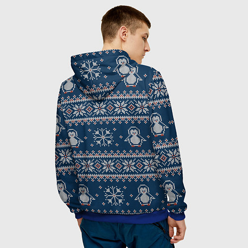 Мужская толстовка Вязаный зимний узор с милыми пингвинами / 3D-Синий – фото 4