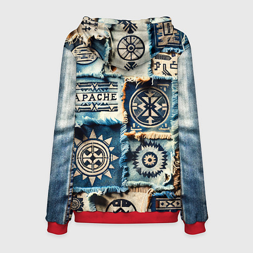 Мужская толстовка Символы Апачи на пэчворк дениме / 3D-Красный – фото 2