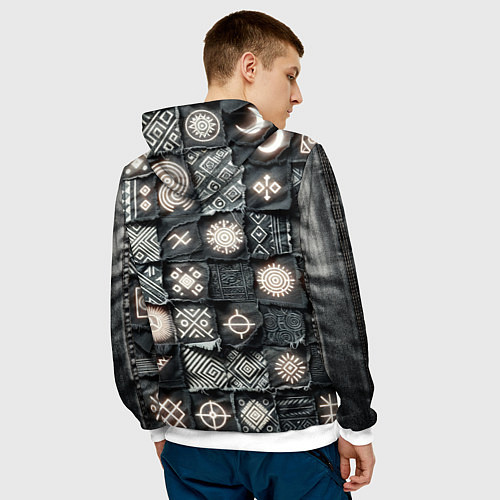 Мужская толстовка Африканские знаки на пэчворк дениме / 3D-Белый – фото 4