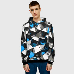 Толстовка-худи мужская Сине-белые рельефные треугольники на чёрном фоне, цвет: 3D-черный — фото 2
